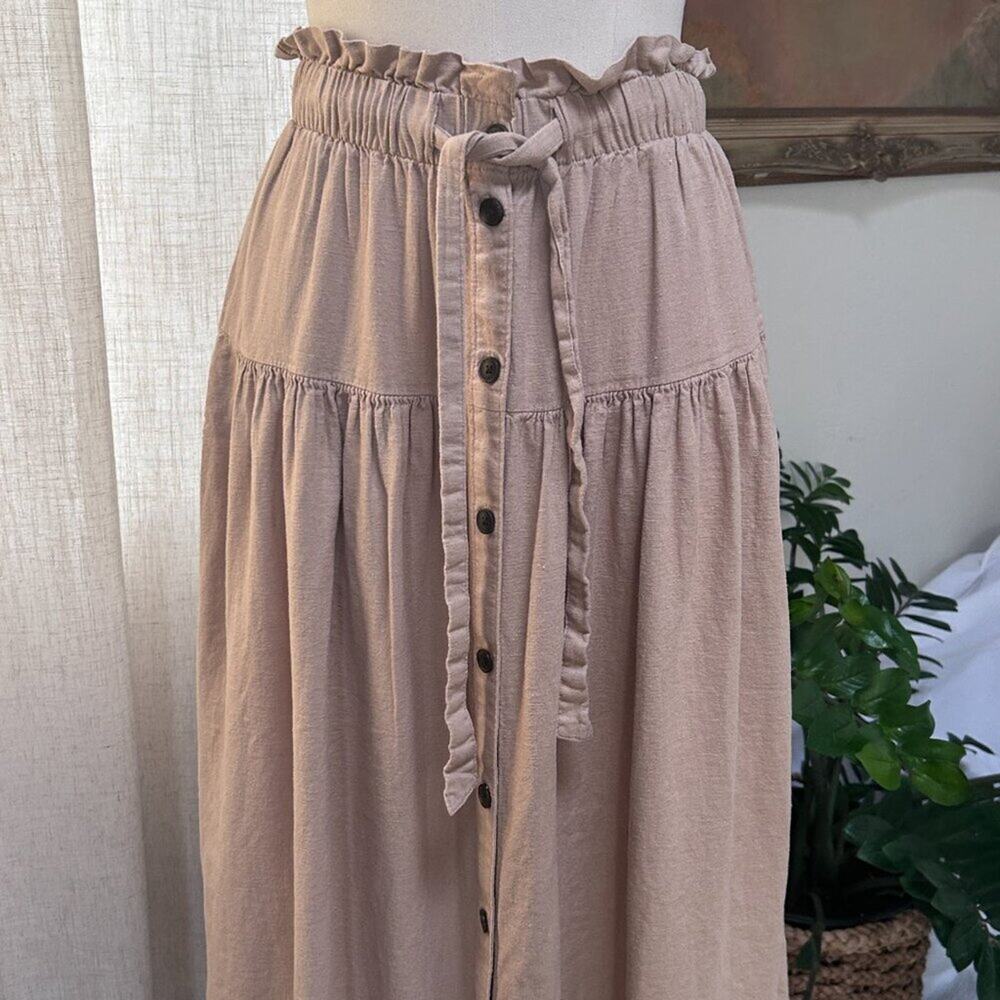 Romantic Cottage Peasant Linen Button Front Midi Skirt Neutral Tie Tiered XS - Picture 3 of 11